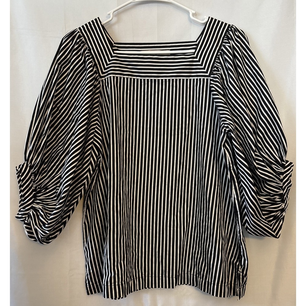 Loft Blouse Women's XS Black‎ Tunic Striped Square Neck City Boho Balloon Sleeve